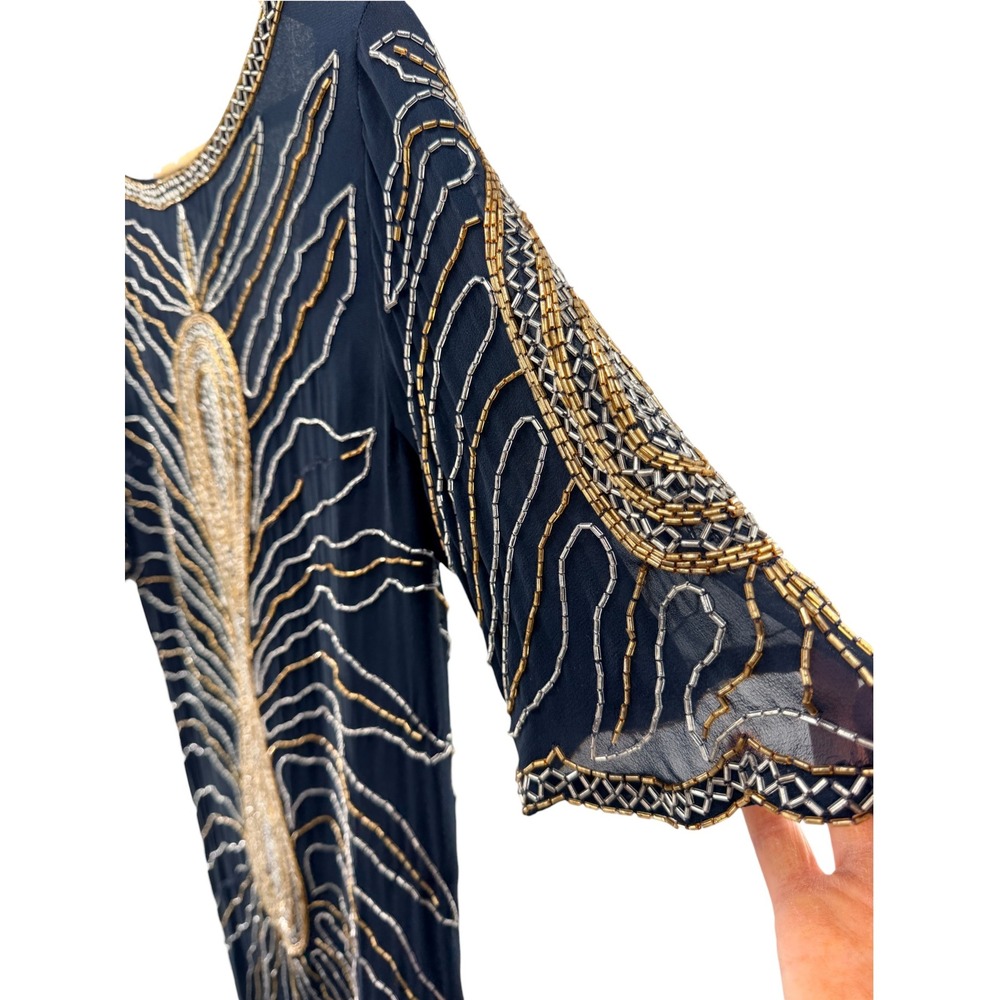 Haute Hippie Silk Beaded Tunic Top Womens M Navy Gold Paisley Mini Dress Flawed - Picture 11 of 12